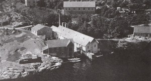 Hermetikkfabrikken i Strandvik var Bjelland-fabrikk nr. 19. Arbeidarbustader bak. (Foto: Widerøe)